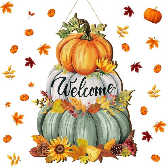 Fall Pumpkin Welcome Sign - Wooden Rustic Decorative Hanging Sign for Thanksgivi - Picture 1 of 6